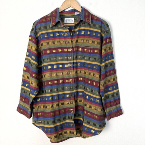 Vintage Striped Metallic Button Down Shirt Womens Size Medium Western Boho Hippy - Picture 1 of 9